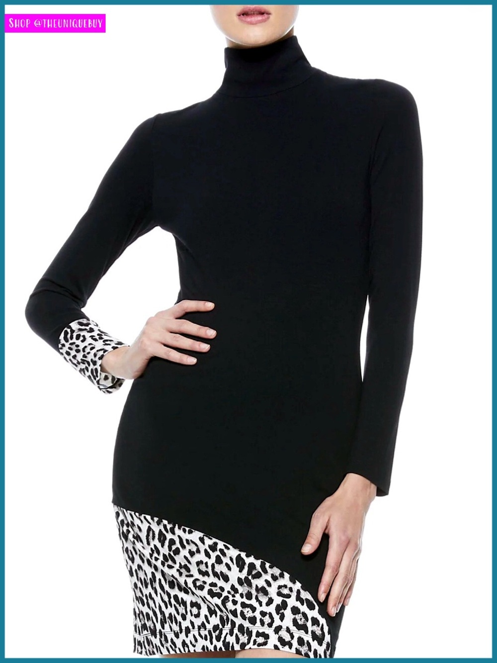 Alice + Olivia Delora Black White Turtleneck Leopard Patchwork Mini Dress